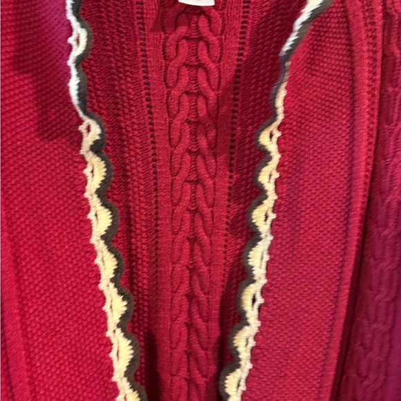 Anne Klein Cable Knit Cardigan Sweater Burgundy Cream Brown Tie Size Large - Picture 8 of 14